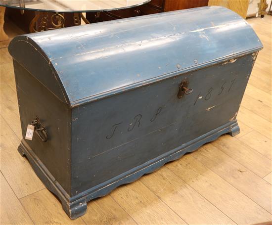 A blue painted dome top trunk W.128cm